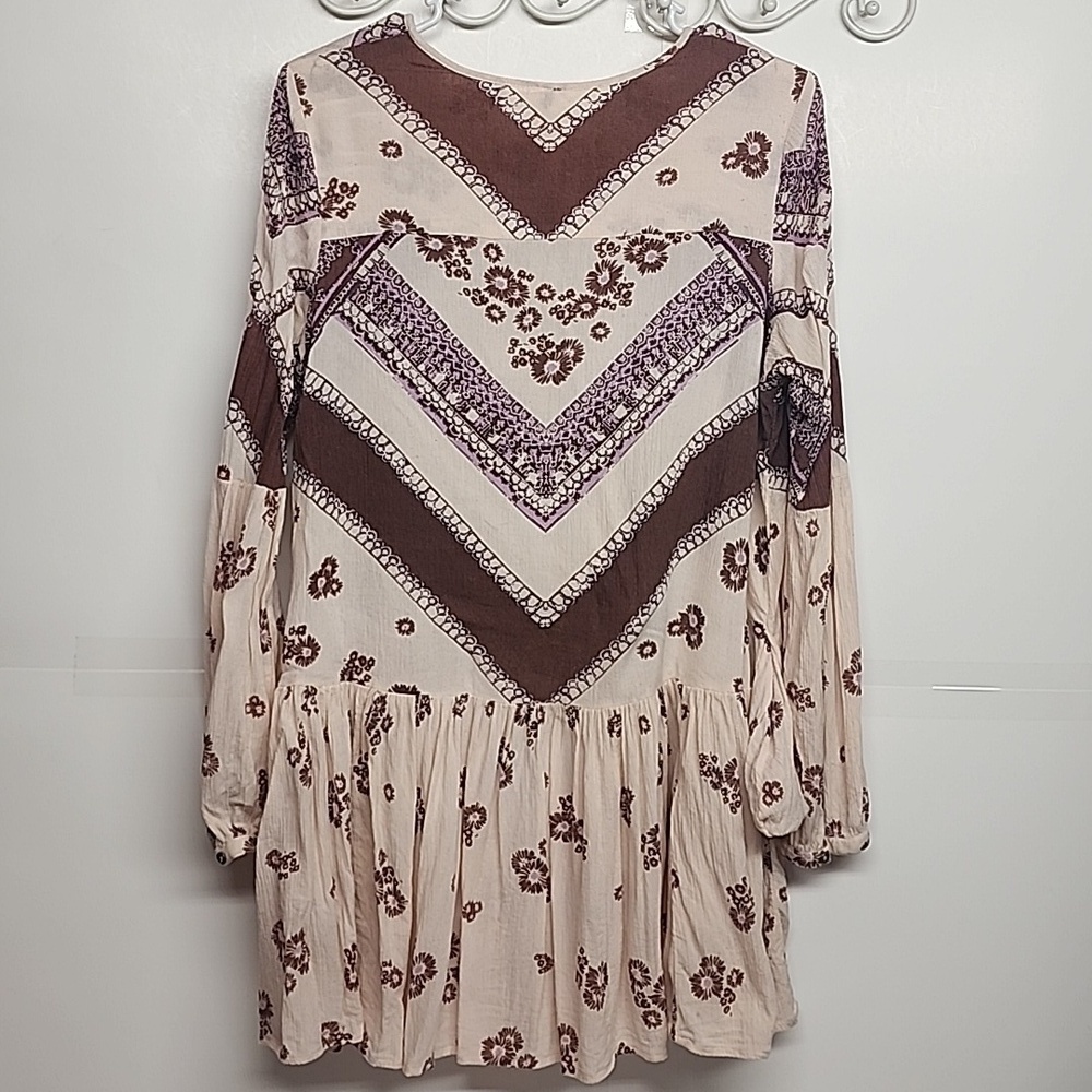 Free People Boho oversized floral brown& pink long-sleeve blouse dress w/pockets - Picture 3 of 11